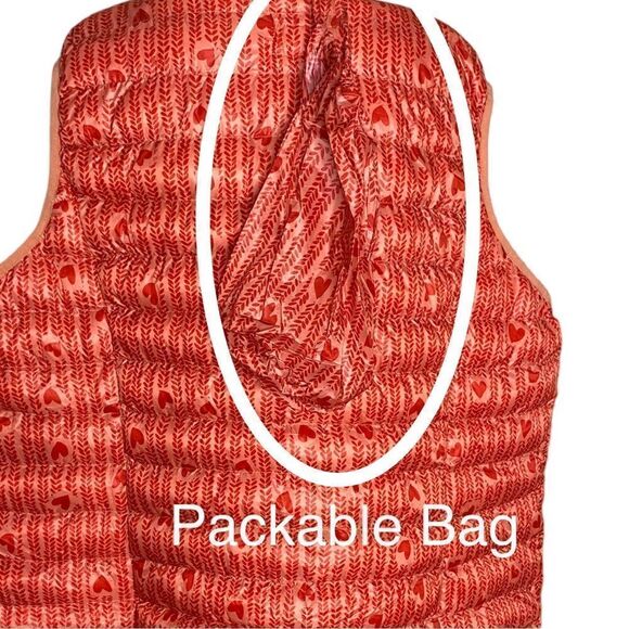 Woman Within Wms Sz 3X 30/32 Coral Red Heart Print Full Zip Packable Puffer Vest - Picture 4 of 6